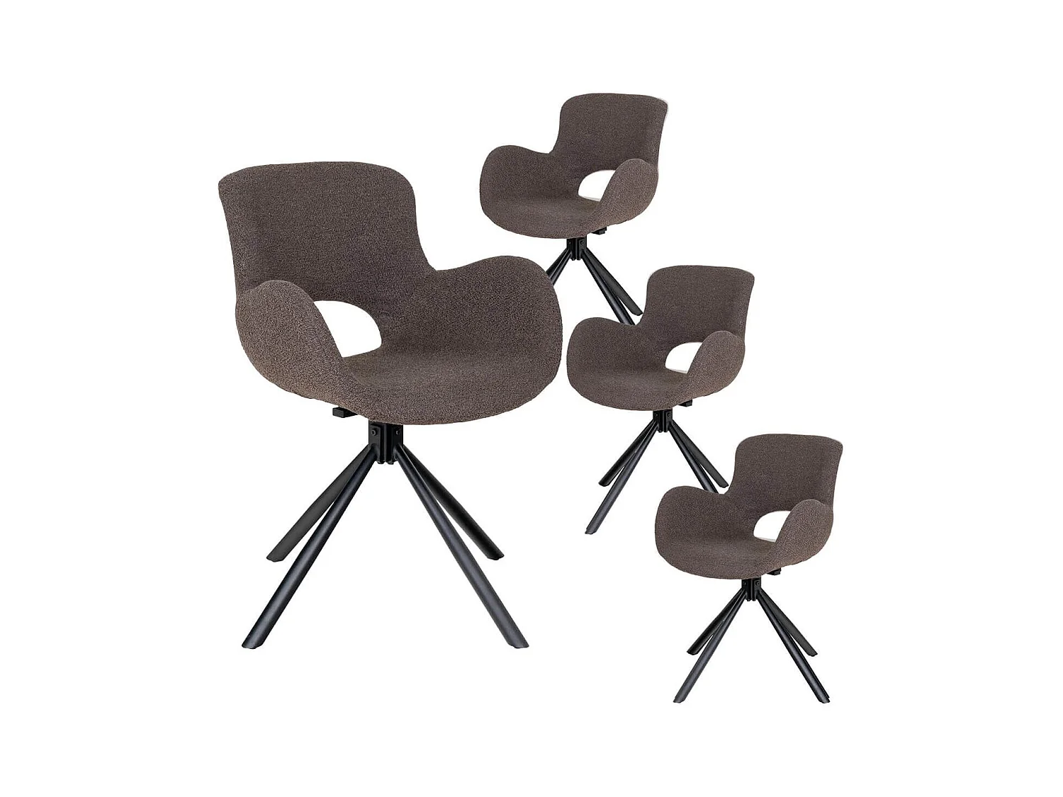 HERMOS - Lot de 4 Fauteuils de Table Tissu Bouclé Taupe Pied Pivotant Métal Noir