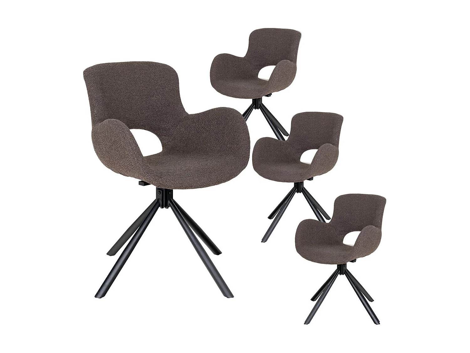 HERMOS - Lot de 4 Fauteuils de Table Tissu Bouclé Taupe Pied Pivotant Métal Noir