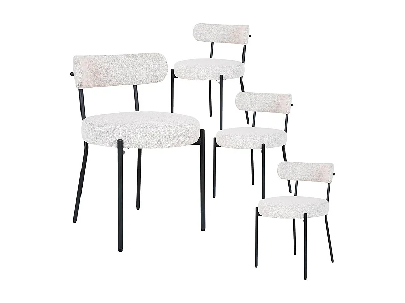 LOANA - Lot de 4 Chaises Tissu Bouclé Blanc Chiné Dossier et Pieds Métal Noir