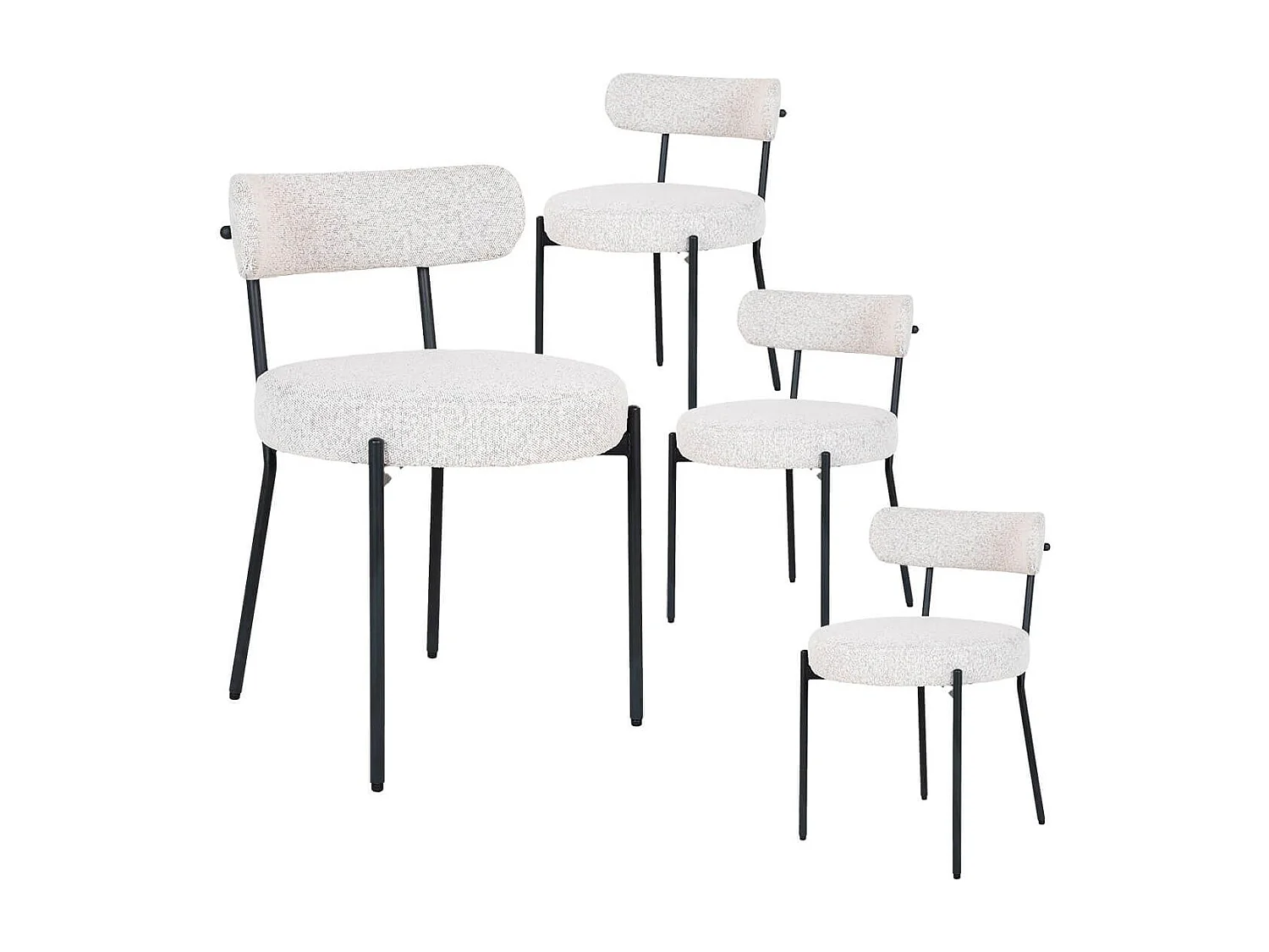 LOANA - Lot de 4 Chaises Tissu Bouclé Blanc Chiné Dossier et Pieds Métal Noir