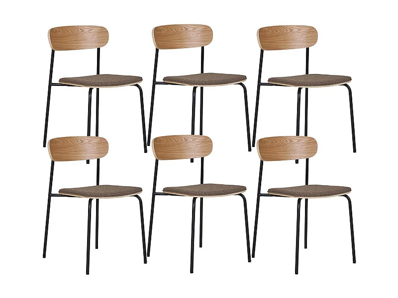 ESTELLE - Lot de 6 Chaises Dossier en Frêne Assise Tissu Pieds Métal Noir
