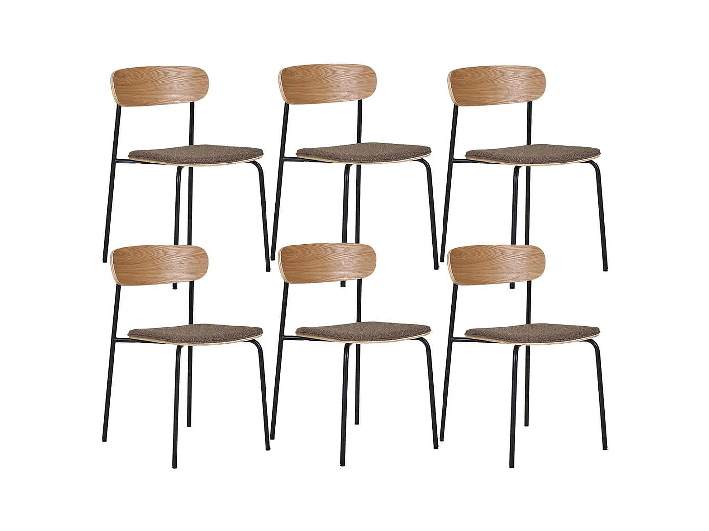 ESTELLE - Lot de 6 Chaises Dossier en Frêne Assise Tissu Pieds Métal Noir