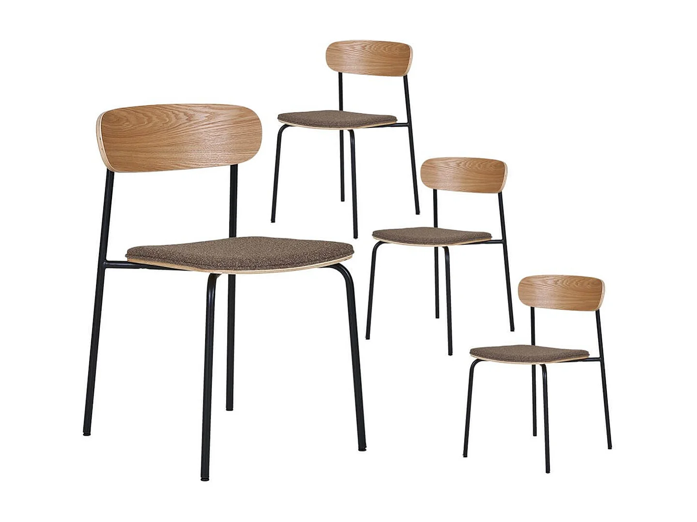 ESTELLE - Lot de 4 Chaises Dossier en Frêne Assise Tissu Pieds Métal Noir