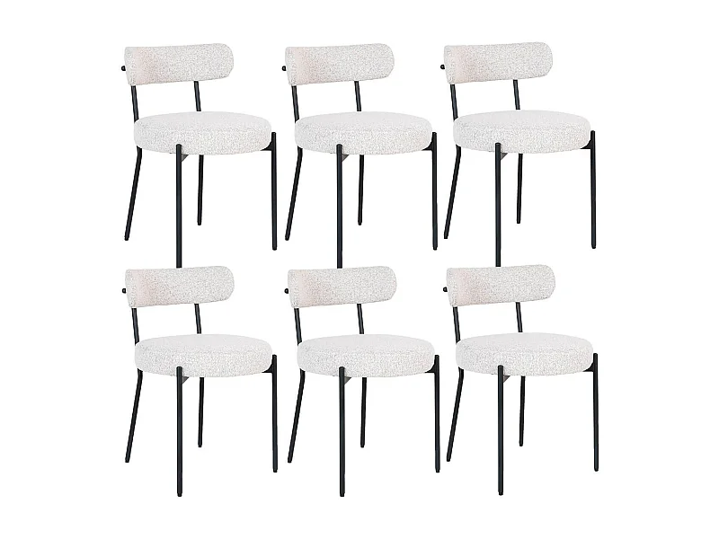 LOANA - Lot de 6 Chaises Tissu Bouclé Blanc Chiné Dossier et Pieds Métal Noir