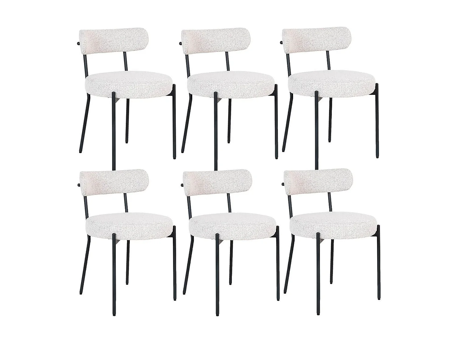 LOANA - Lot de 6 Chaises Tissu Bouclé Blanc Chiné Dossier et Pieds Métal Noir