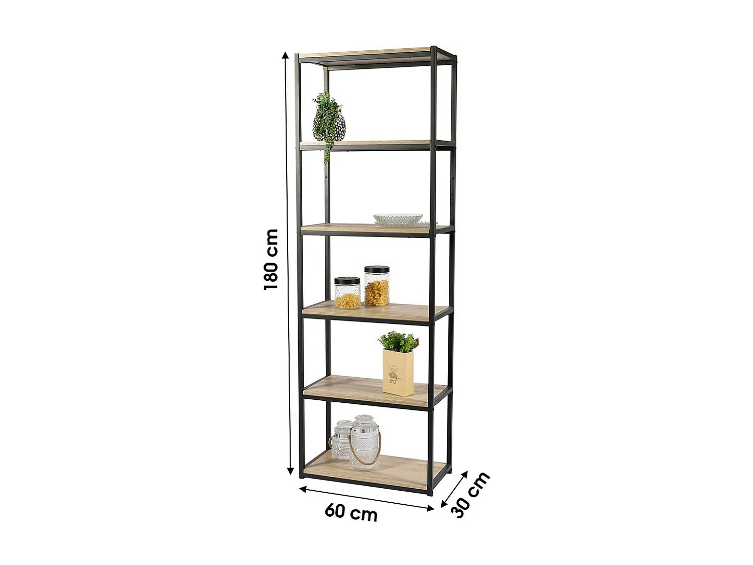 Bibliothèque 6 niveaux collection RANONG– Style industriel, coloris chêne et noir