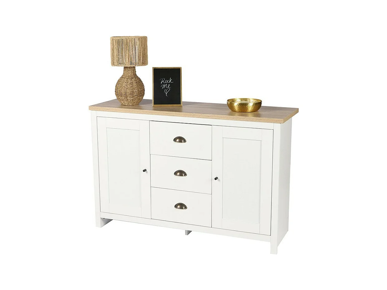 Buffet met 2 deuren en 3 laden in koloniaal design – 119x39,5xH77 cm, witte kleur en licht eiken blad – Collectie MADERA