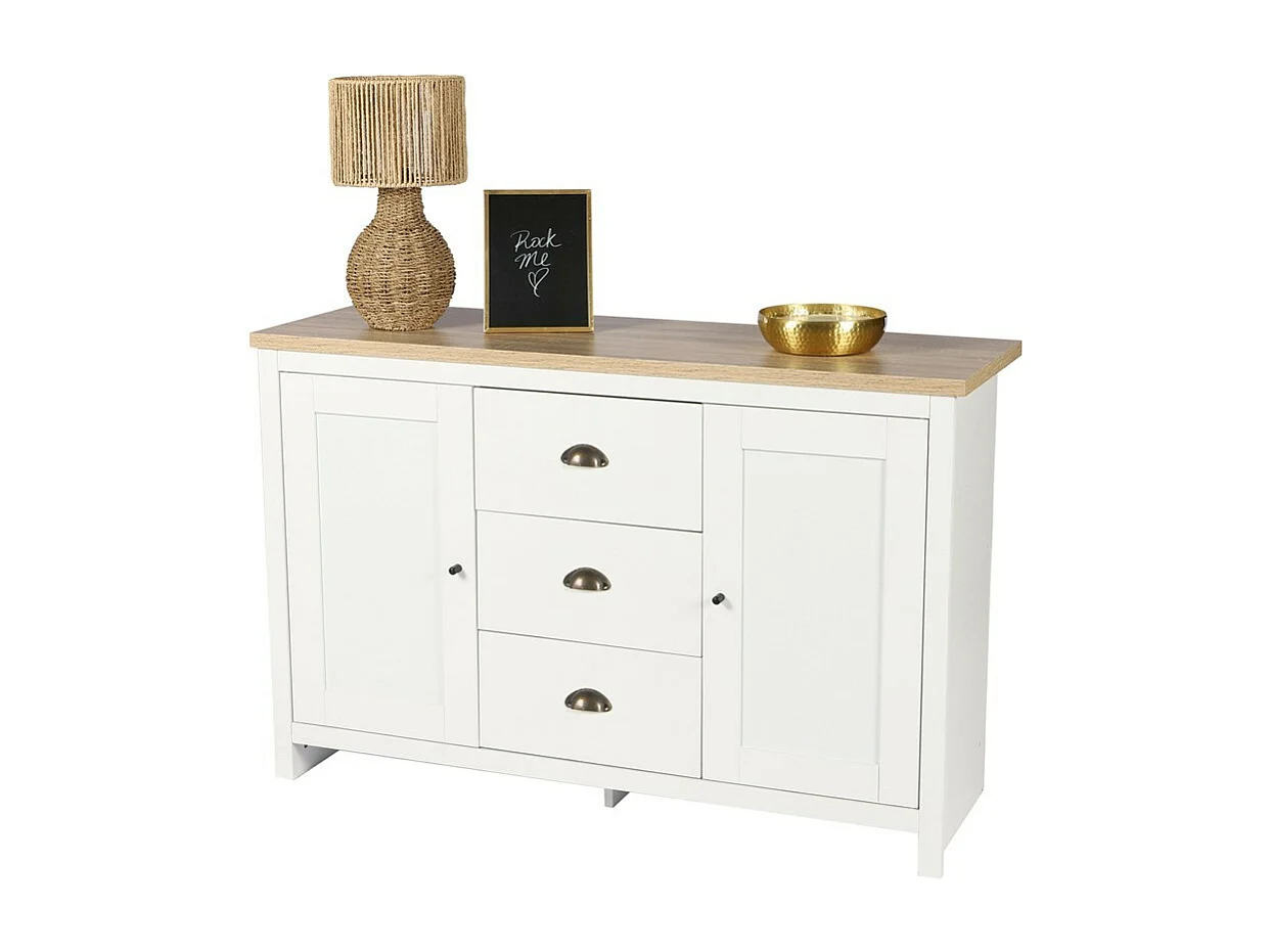 Buffet avec 2 portes et 3 tiroirs design colonial – 119x39,5xH77 cm, coloris blanc et plateau chêne clair – Collection MADERA