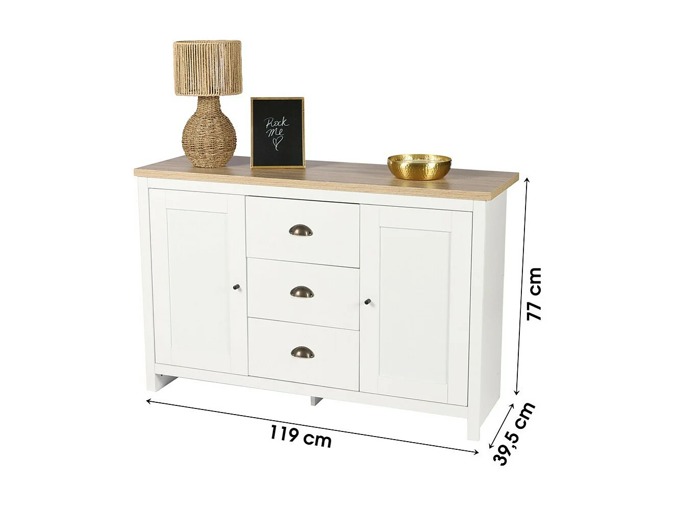 Buffet avec 2 portes et 3 tiroirs design colonial – 119x39,5xH77 cm, coloris blanc et plateau chêne clair – Collection MADERA
