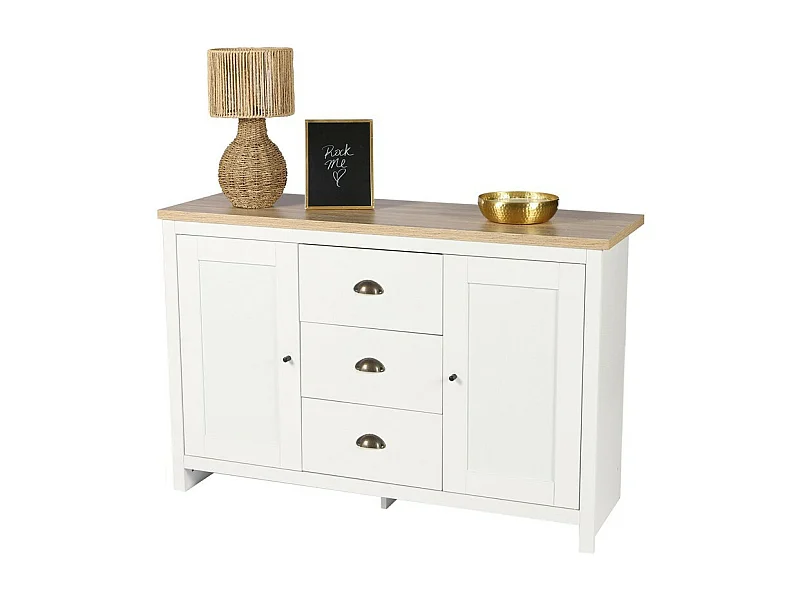 Buffet avec 2 portes et 3 tiroirs design colonial – 119x39,5xH77 cm, coloris blanc et plateau chêne clair – Collection MADERA