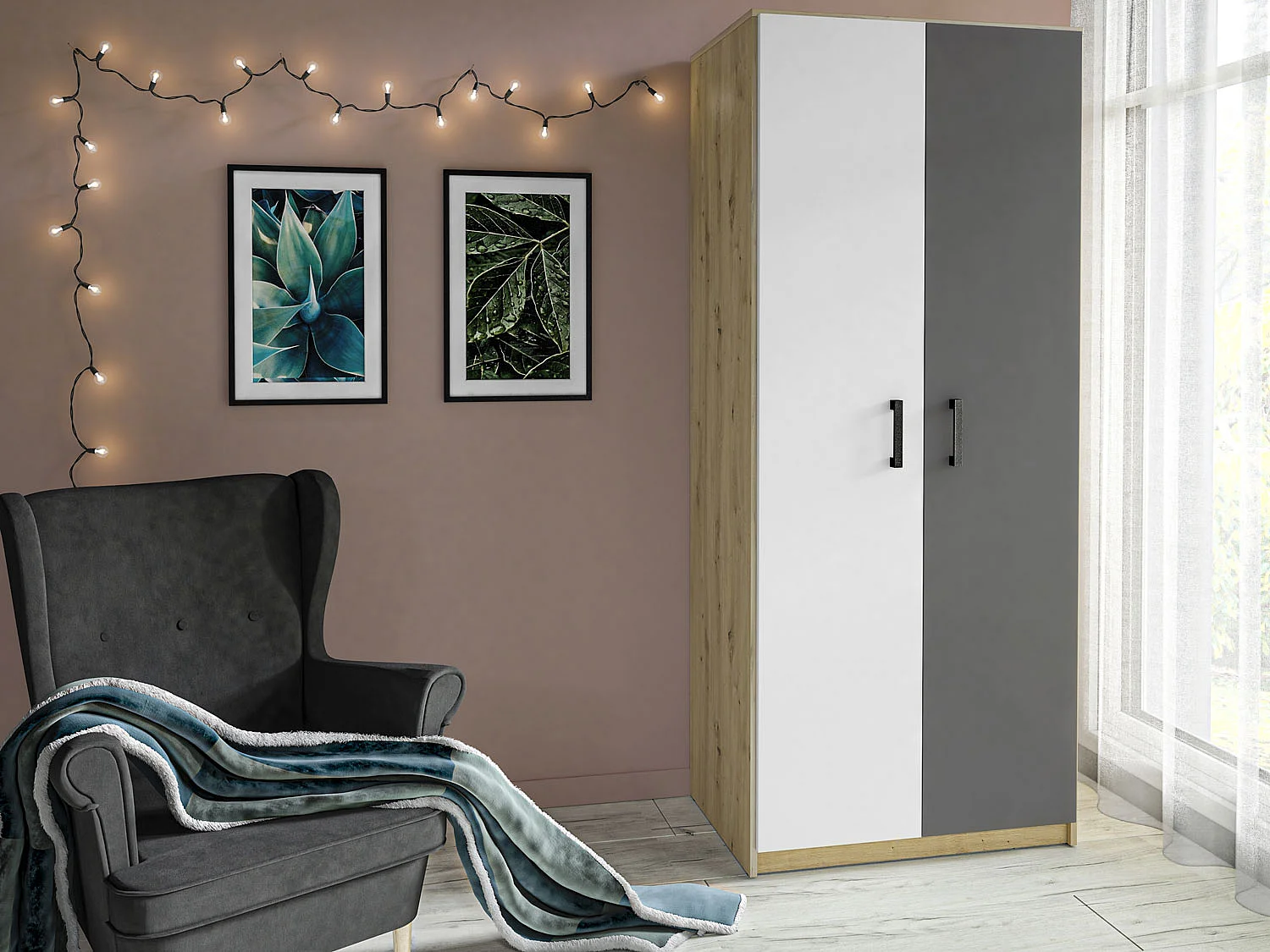 KLEIDERSCHRANK Fini Artisan Eiche / weiß / anthrazit 80 / 53 / 191cm