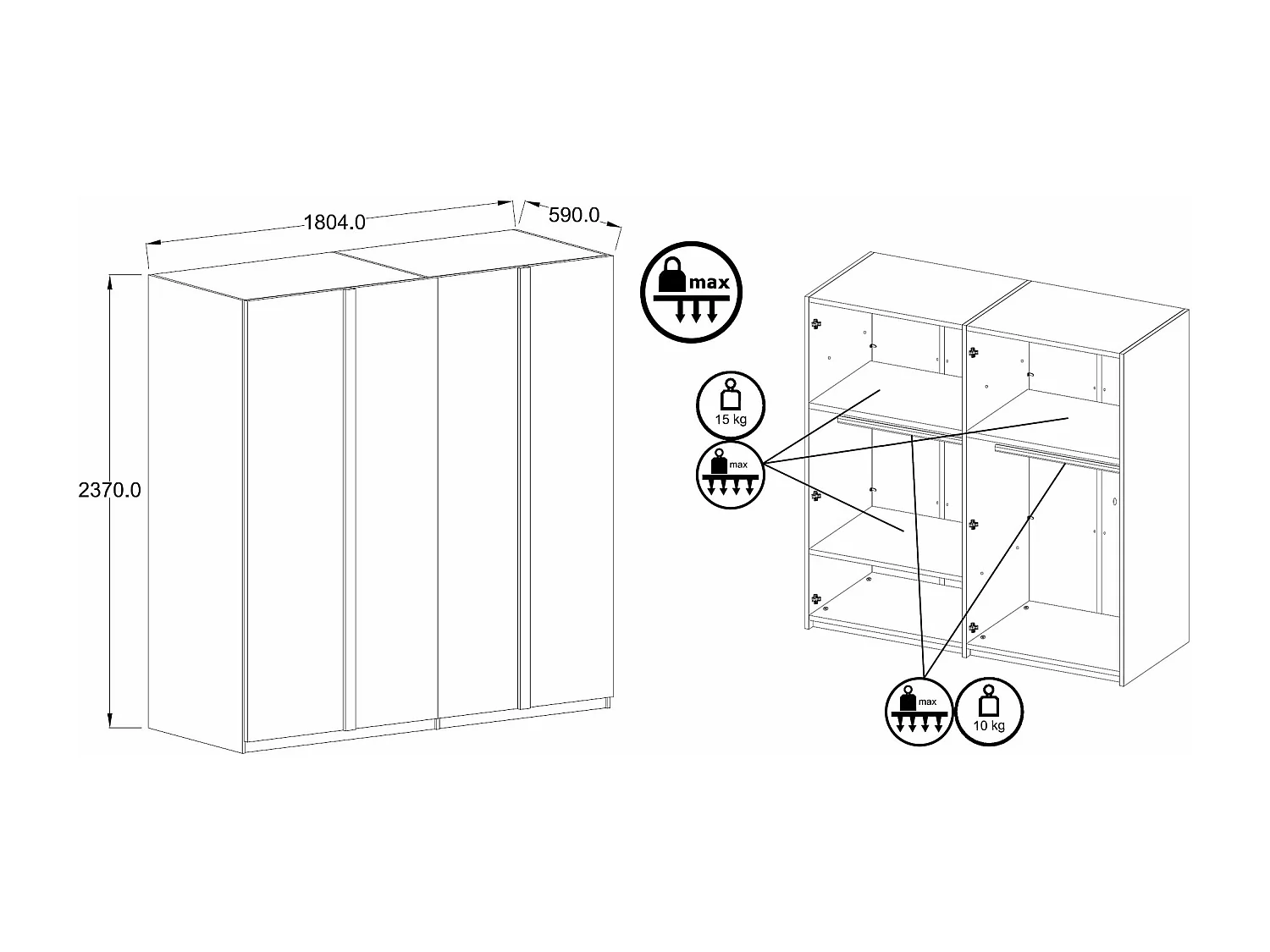KLEIDERSCHRANK Italia weiß matt / weiß hochglanz 180 / 59 / 237cm
