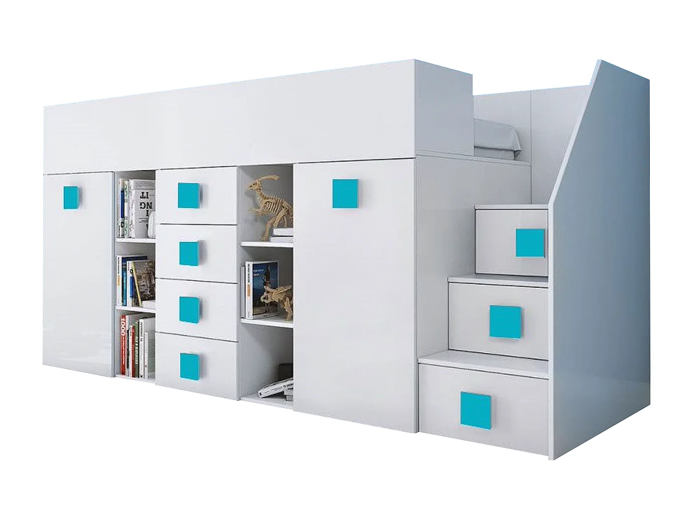 HOCHBETT Toledo Treppe rechts weiß / weiß Hochglanz - Griffe türkis 93 / 248,5 / 123cm