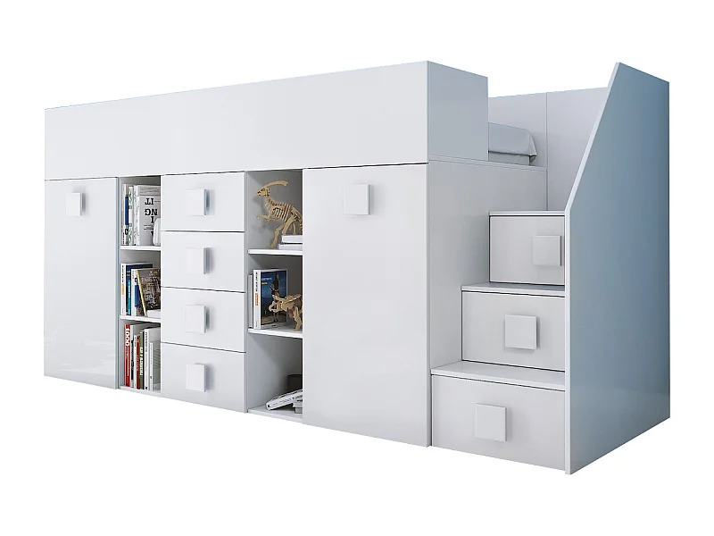 HOCHBETT Toledo Treppe rechts weiß / weiß Hochglanz - Griffe weiß 93 / 248,5 / 123cm