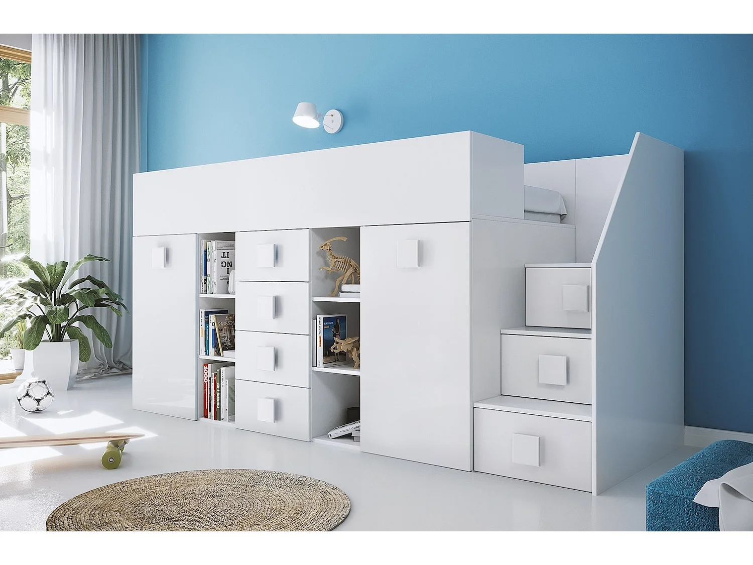 HOCHBETT Toledo Treppe rechts weiß / weiß Hochglanz - Griffe weiß 93 / 248,5 / 123cm