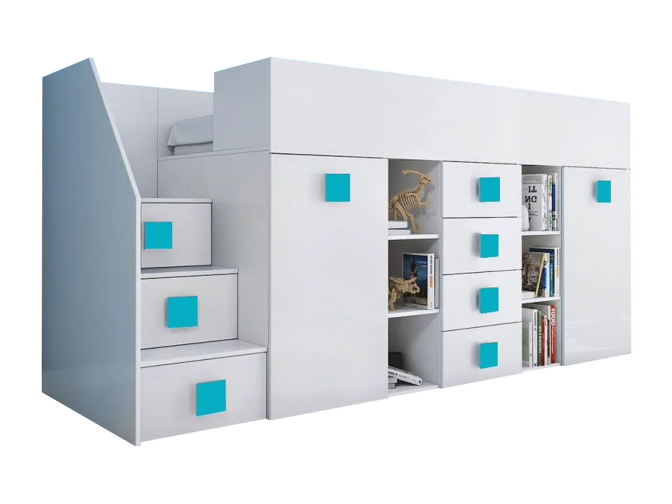 HOCHBETT Toledo Treppe links weiß / weiß Hochglanz - Griffe türkis 93 / 248,5 / 123cm