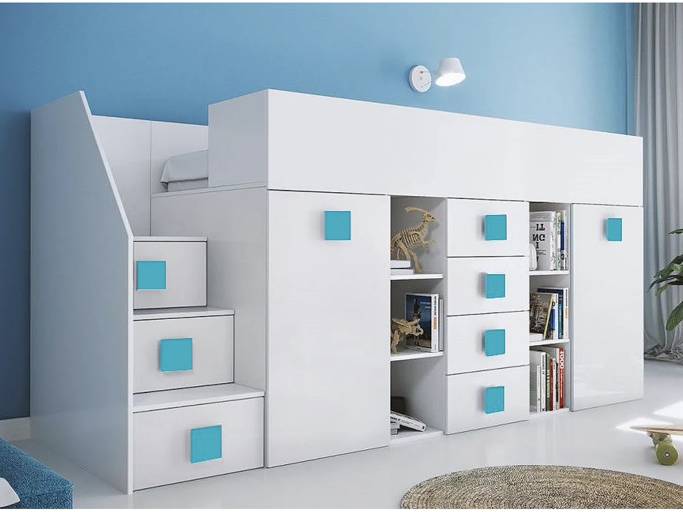 HOCHBETT Toledo Treppe links weiß / weiß Hochglanz - Griffe türkis 93 / 248,5 / 123cm