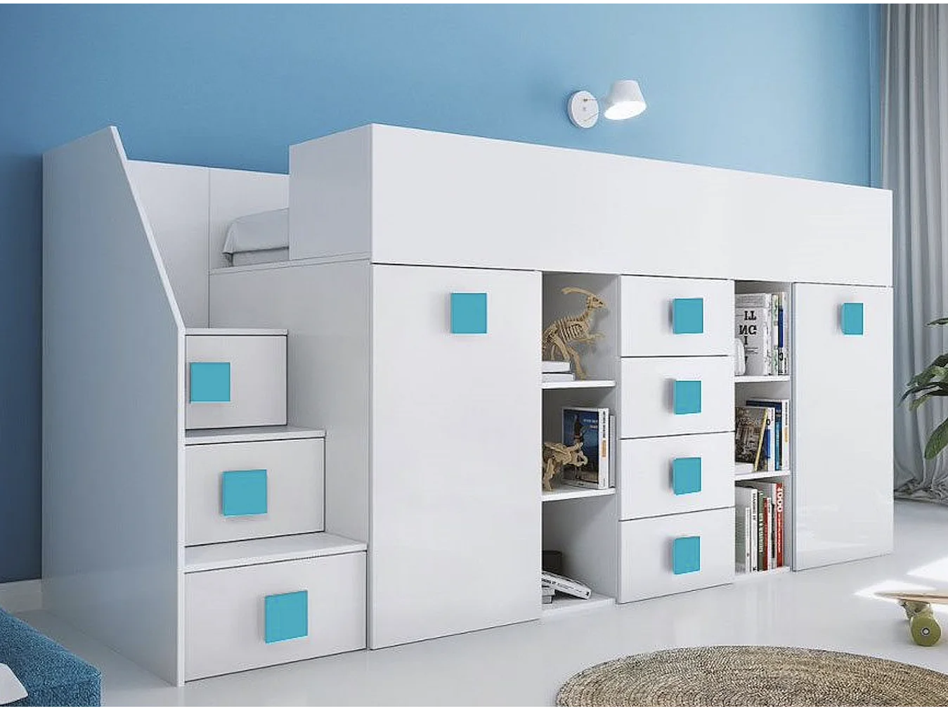 HOCHBETT Toledo Treppe links weiß / weiß Hochglanz - Griffe türkis 93 / 248,5 / 123cm