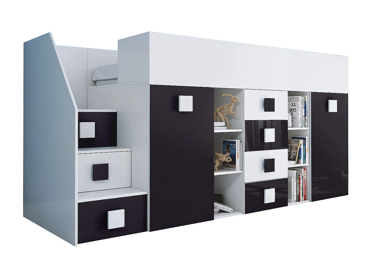 HOCHBETT Toledo Treppe links weiß / schwarz Hochglanz - Griffe weiß / schwarz 93 / 248,5 / 123cm