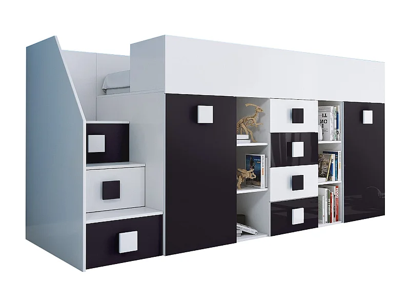 HOCHBETT Toledo Treppe links weiß / schwarz Hochglanz - Griffe weiß / schwarz 93 / 248,5 / 123cm