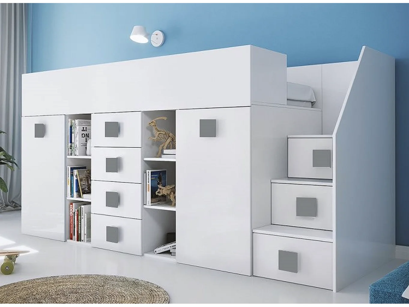 HOCHBETT Toledo Treppe rechts weiß / weiß Hochglanz - Griffe grau 93 / 248,5 / 123cm