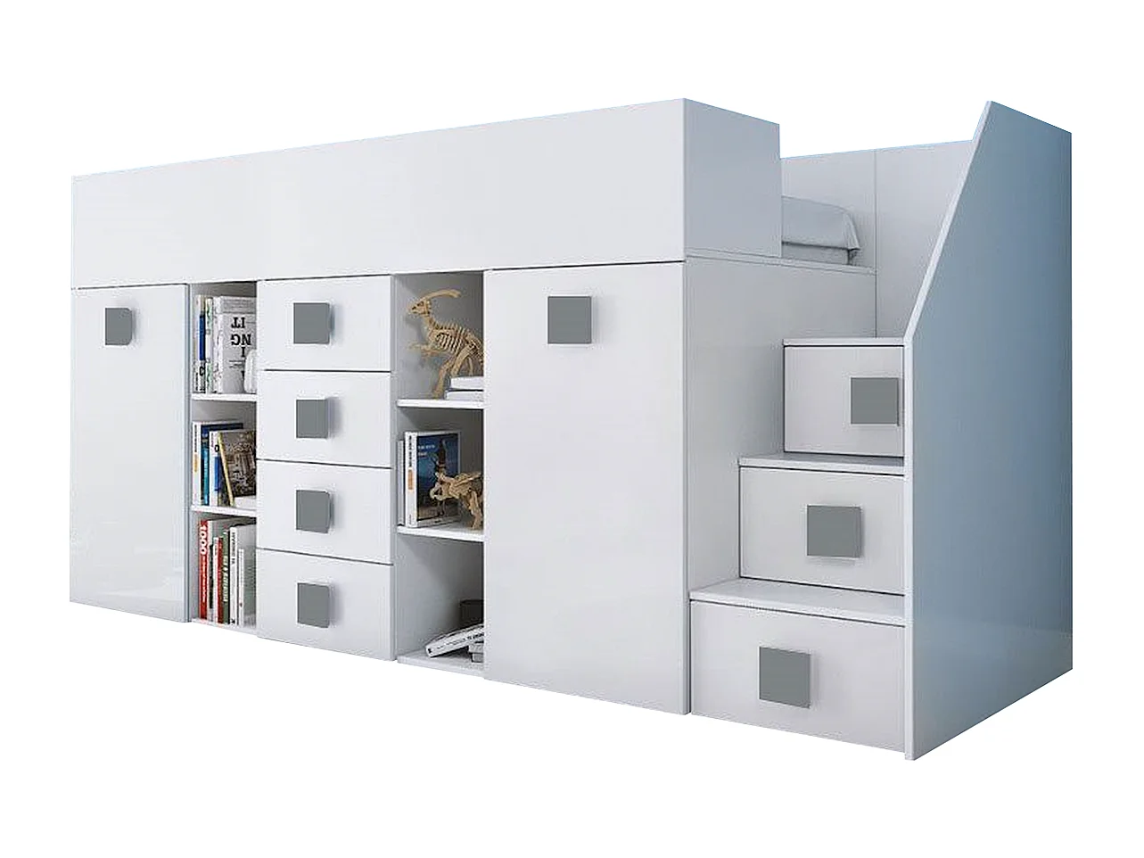 HOCHBETT Toledo Treppe rechts weiß / weiß Hochglanz - Griffe grau 93 / 248,5 / 123cm