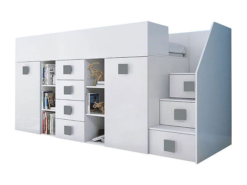 HOCHBETT Toledo Treppe rechts weiß / weiß Hochglanz - Griffe grau 93 / 248,5 / 123cm