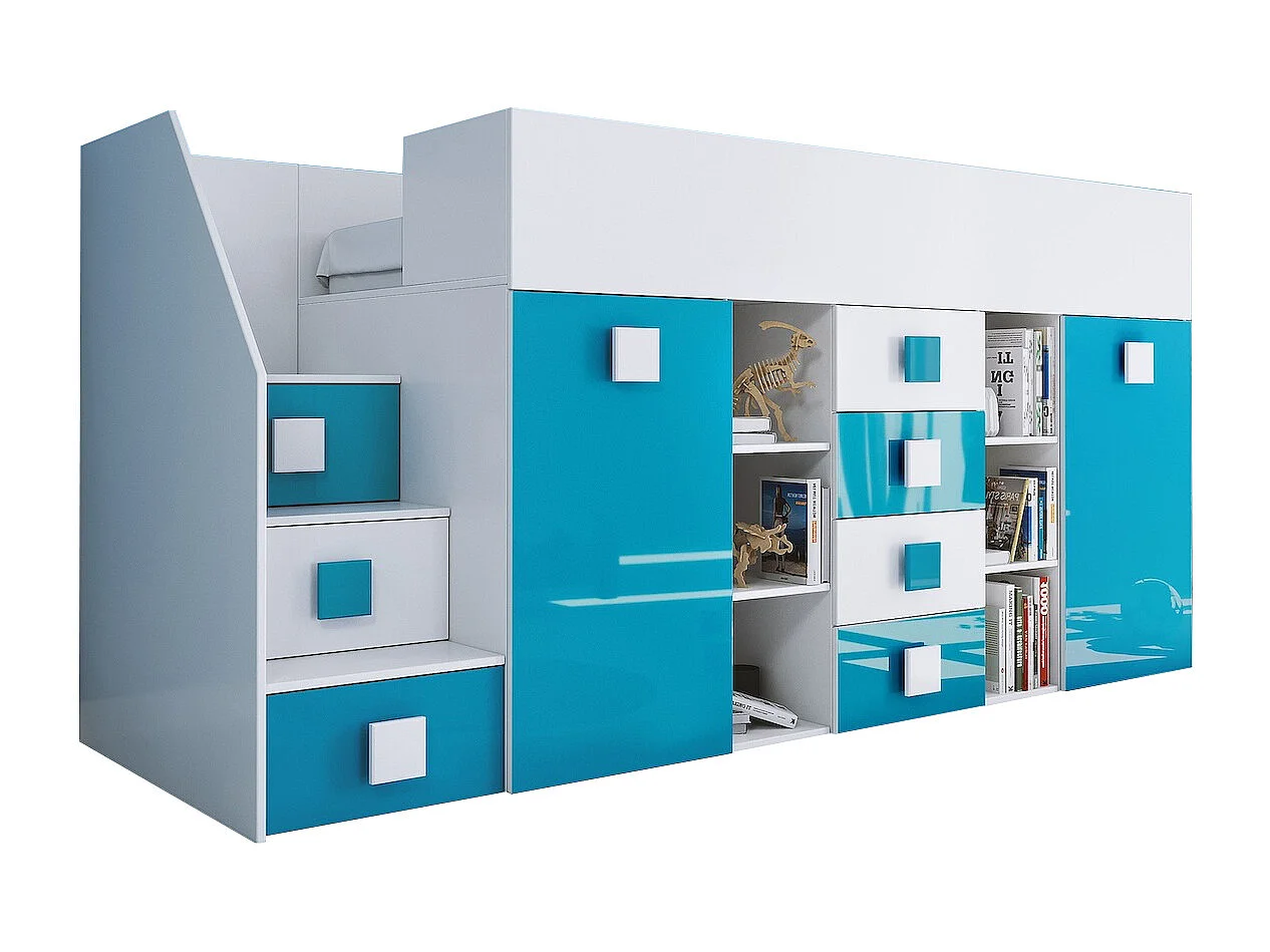 HOCHBETT Toledo Treppe links weiß / türkis Hochglanz - Griffe weiß / türkis 93 / 248,5 / 123cm