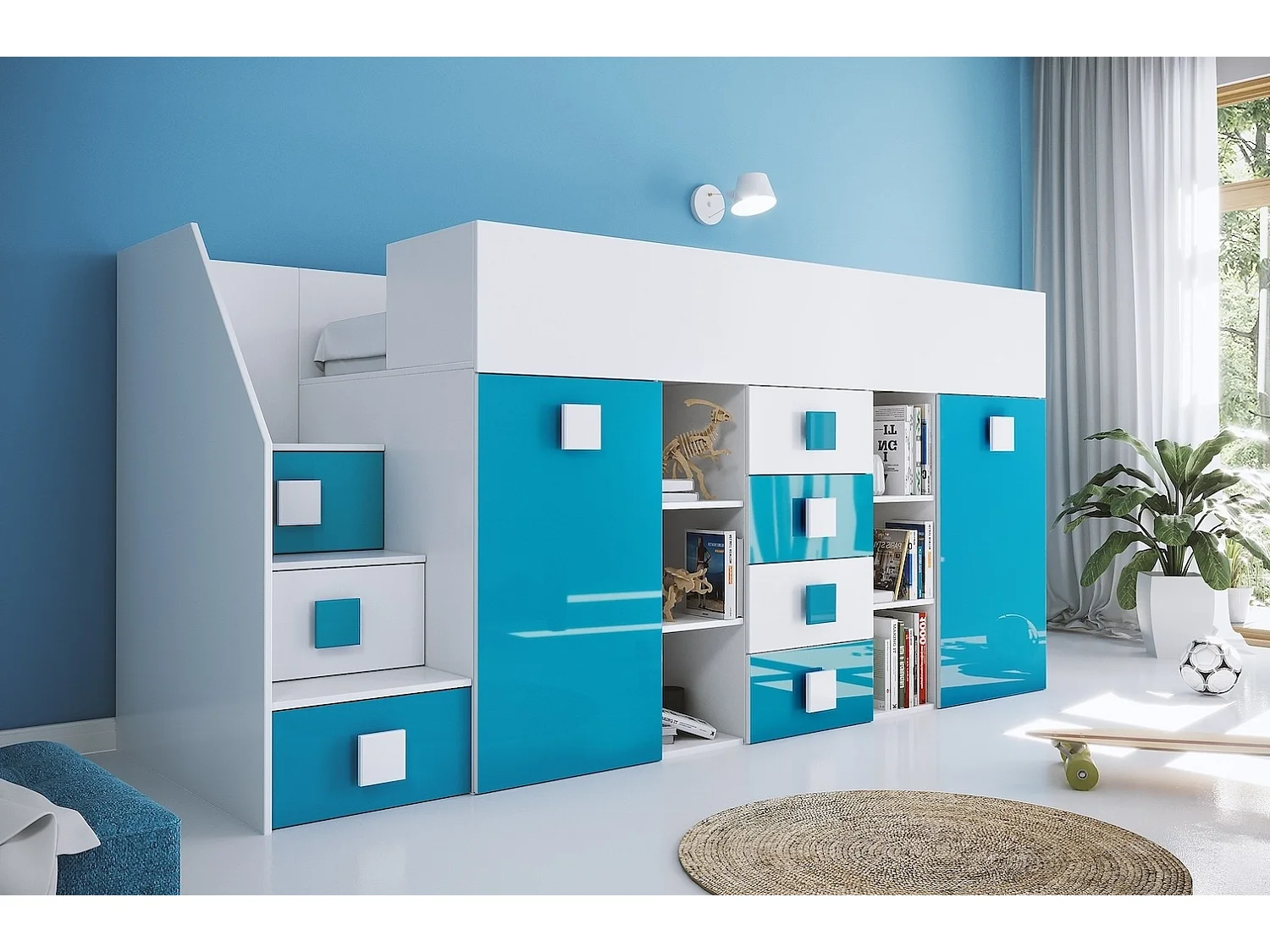 HOCHBETT Toledo Treppe links weiß / türkis Hochglanz - Griffe weiß / türkis 93 / 248,5 / 123cm