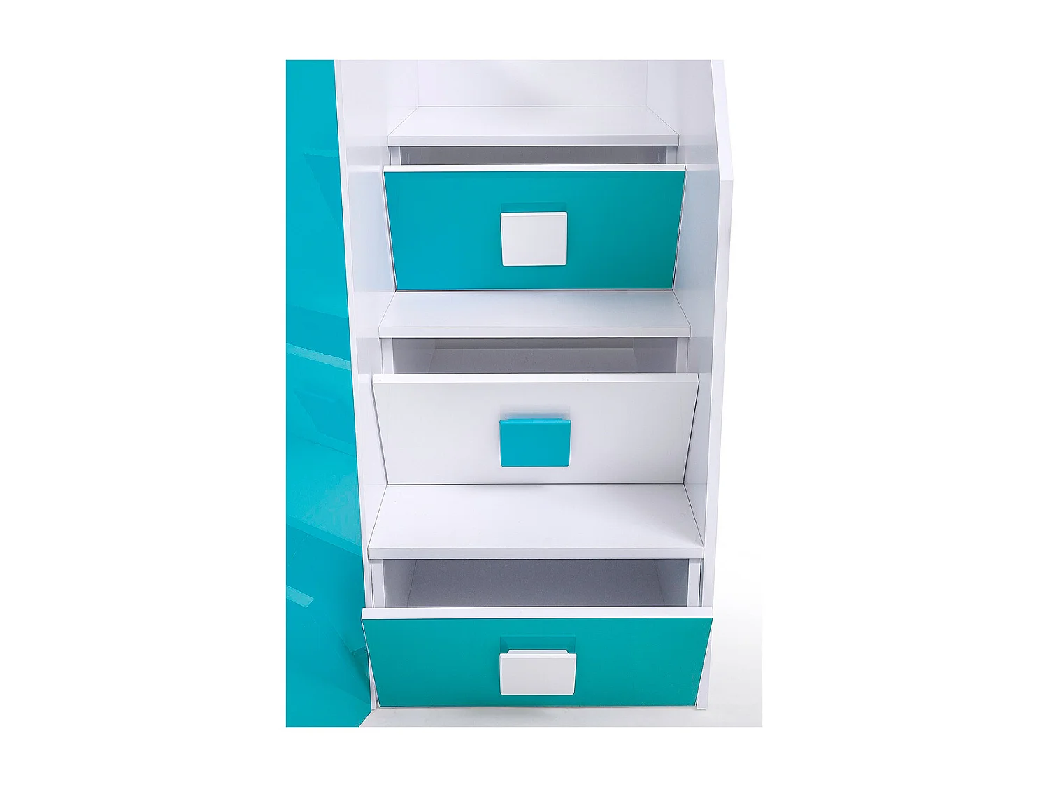 HOCHBETT Toledo Treppe links weiß / türkis Hochglanz - Griffe weiß / türkis 93 / 248,5 / 123cm