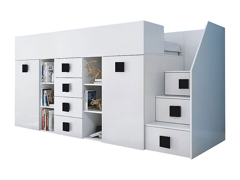 HOCHBETT Toledo Treppe rechts weiß / weiß Hochglanz - Griffe schwarz 93 / 248,5 / 123cm