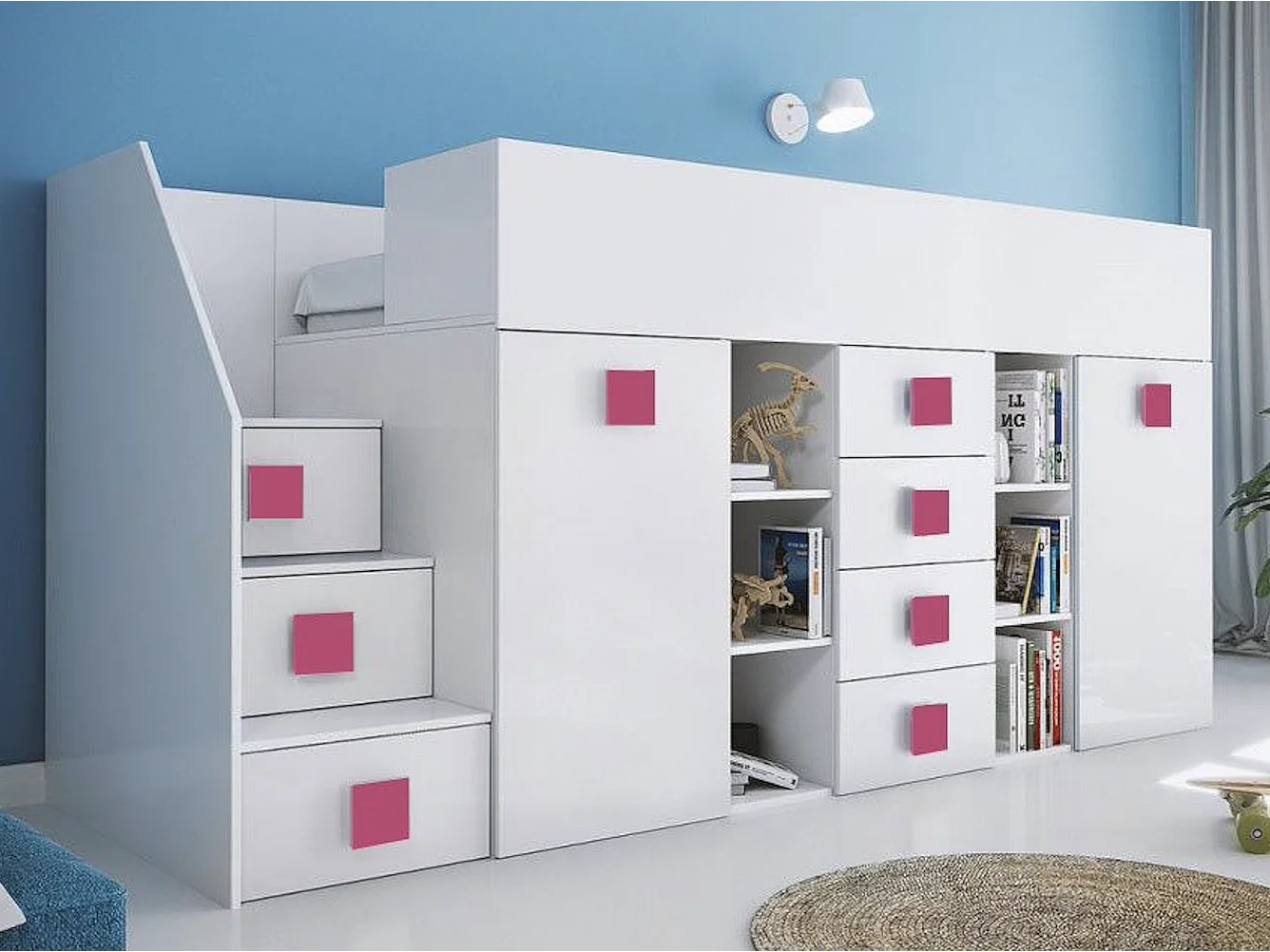 HOCHBETT Toledo Treppe links weiß / weiß Hochglanz - Griffe pink 93 / 248,5 / 123cm