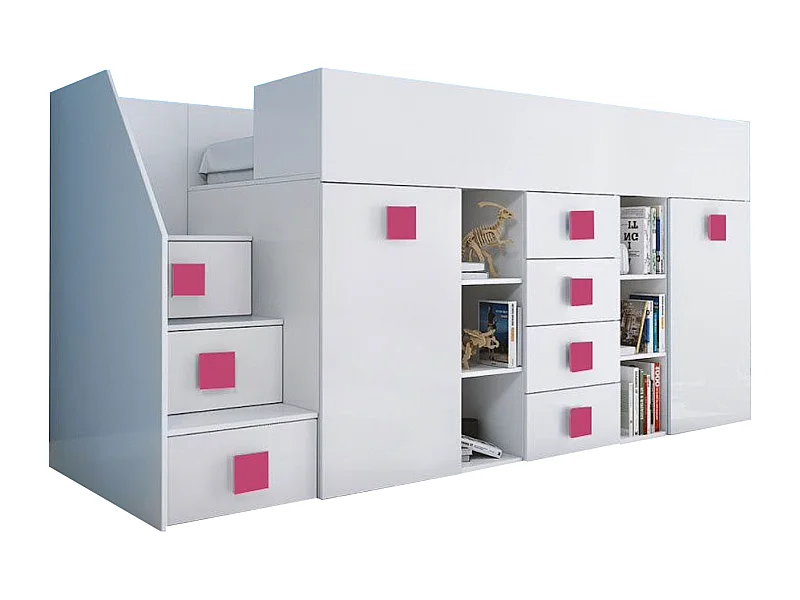 HOCHBETT Toledo Treppe links weiß / weiß Hochglanz - Griffe pink 93 / 248,5 / 123cm