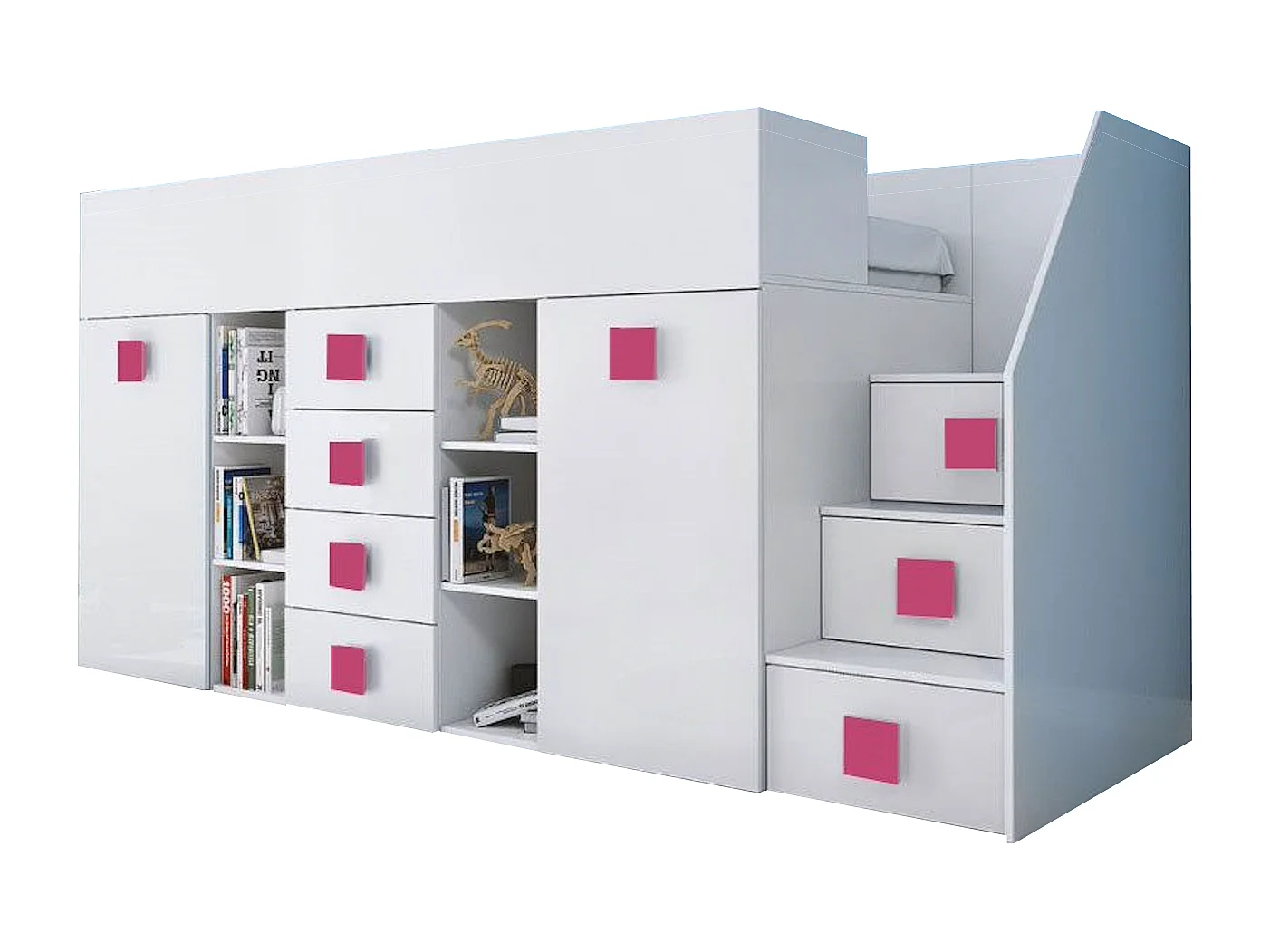 HOCHBETT Toledo Treppe rechts weiß / weiß Hochglanz - Griffe pink 93 / 248,5 / 123cm