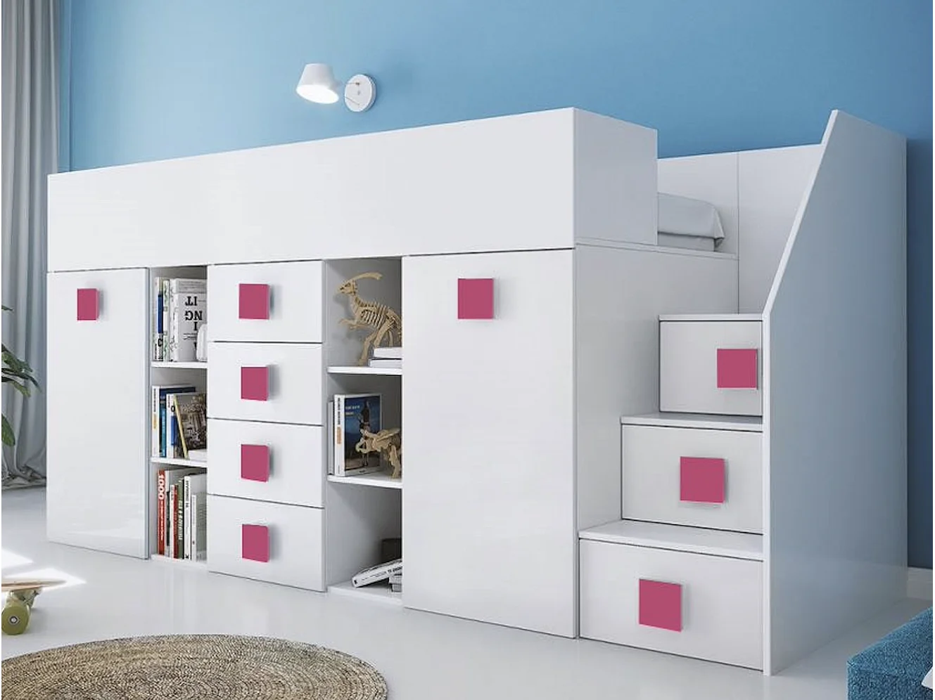 HOCHBETT Toledo Treppe rechts weiß / weiß Hochglanz - Griffe pink 93 / 248,5 / 123cm