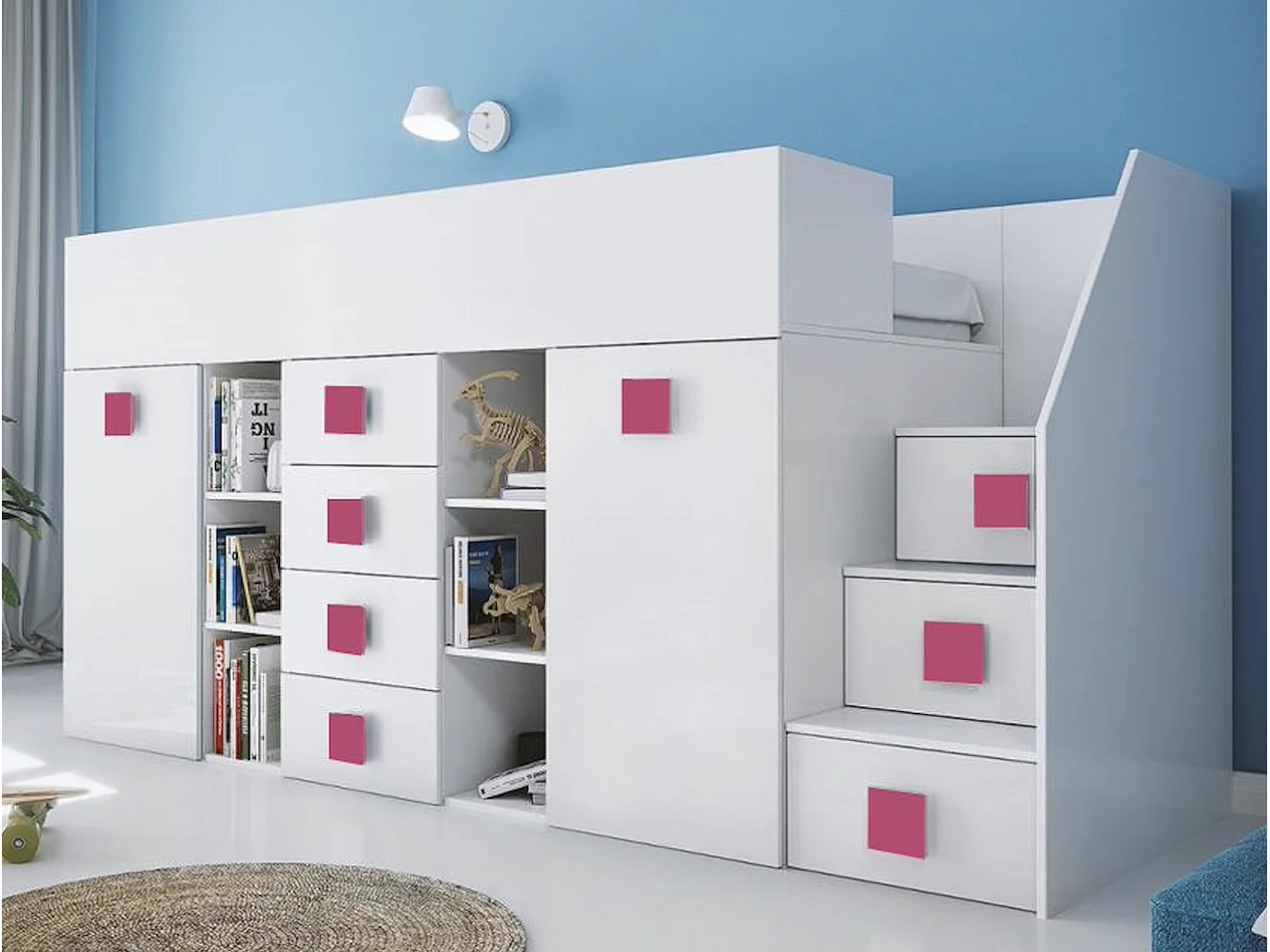 HOCHBETT Toledo Treppe rechts weiß / weiß Hochglanz - Griffe pink 93 / 248,5 / 123cm