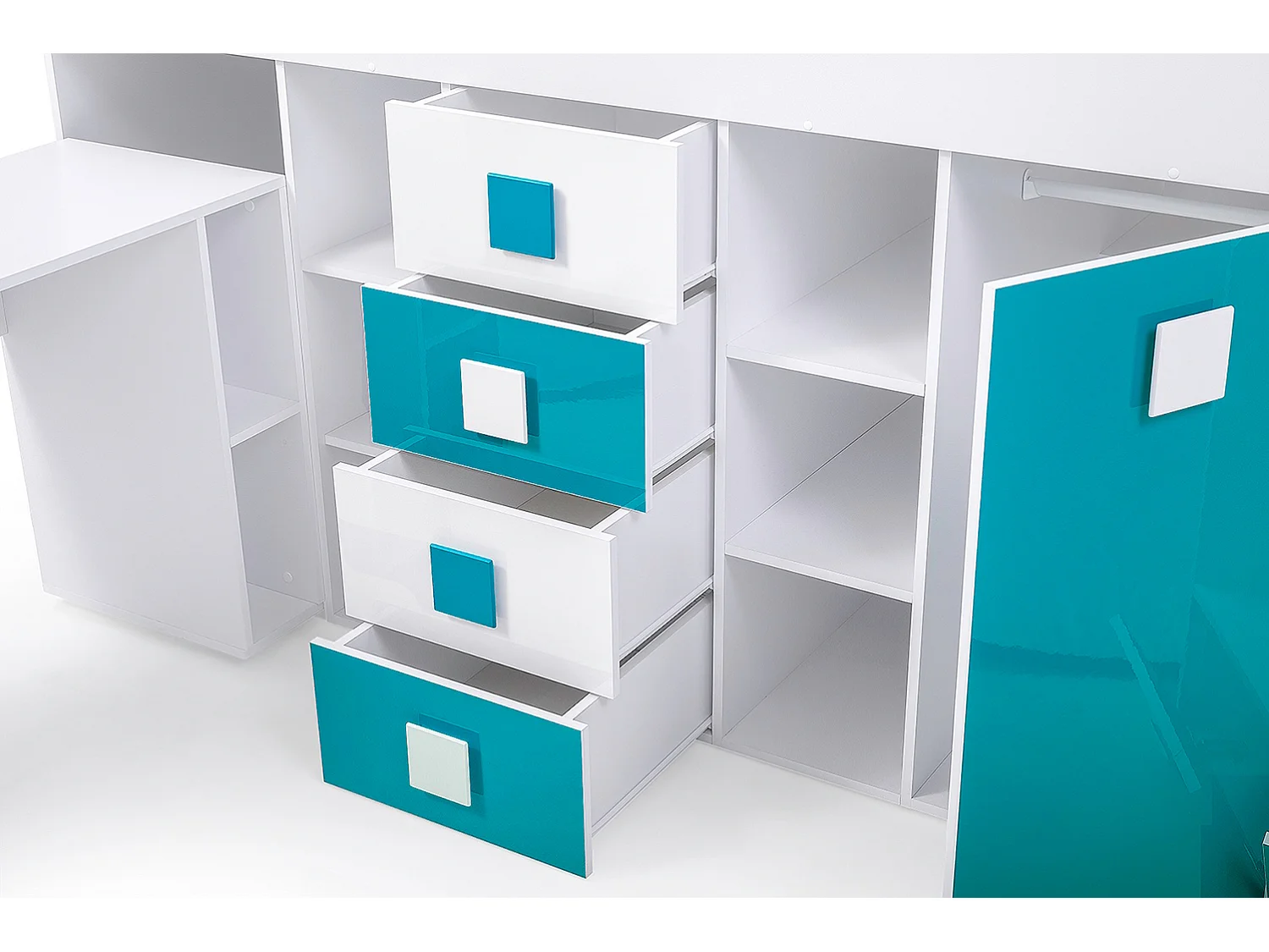 HOCHBETT Toledo Treppe rechts weiß / türkis Hochglanz - Griffe weiß / türkis 93 / 248,5 / 123cm