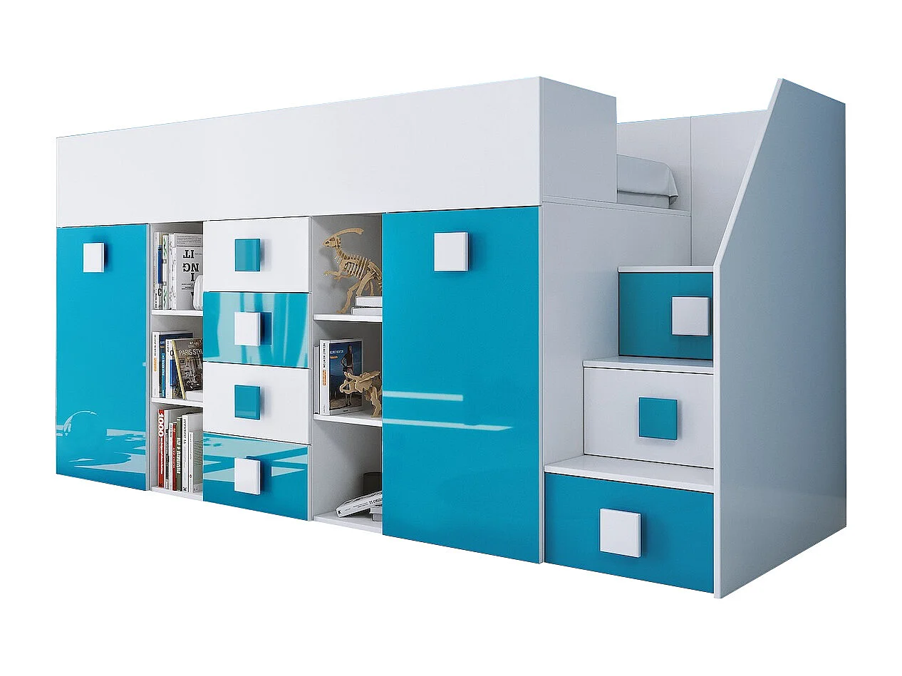 HOCHBETT Toledo Treppe rechts weiß / türkis Hochglanz - Griffe weiß / türkis 93 / 248,5 / 123cm