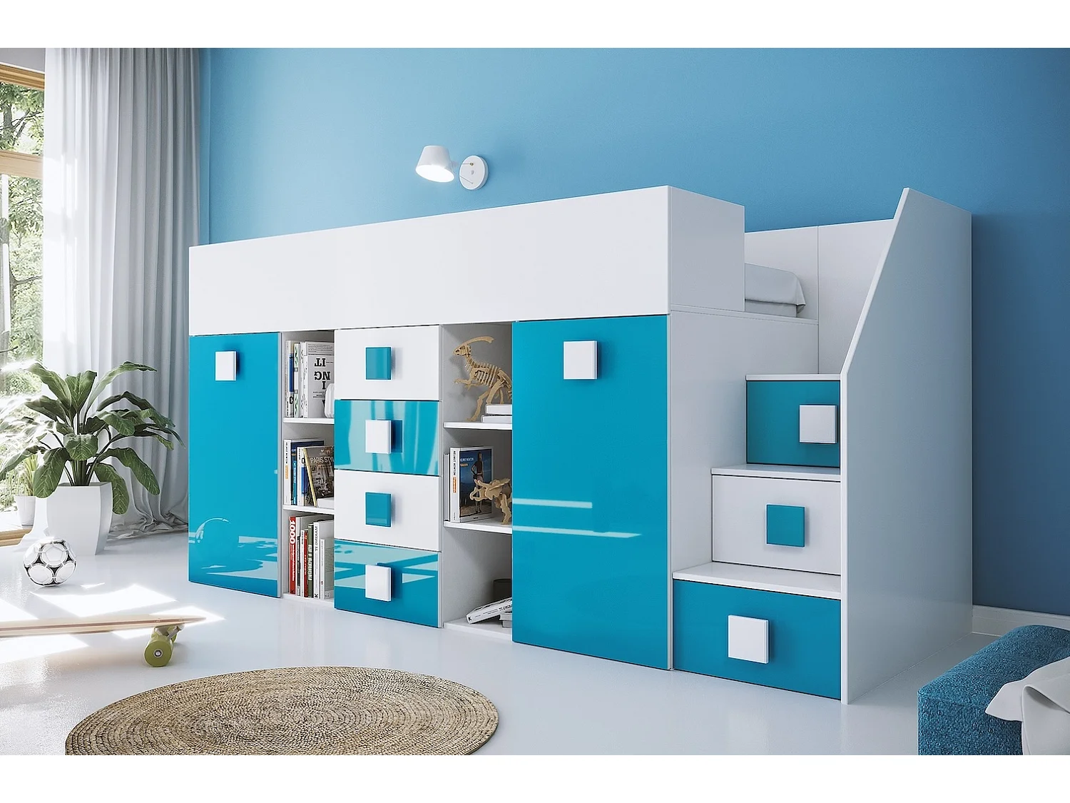 HOCHBETT Toledo Treppe rechts weiß / türkis Hochglanz - Griffe weiß / türkis 93 / 248,5 / 123cm