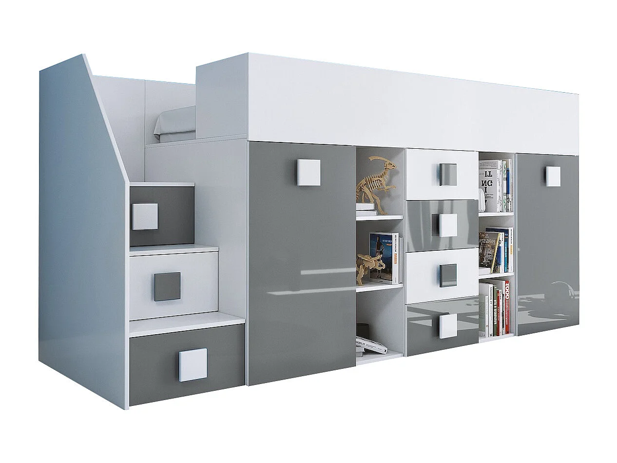 HOCHBETT Toledo Treppe links weiß / grau Hochglanz - Griffe weiß / grau 93 / 248,5 / 123cm