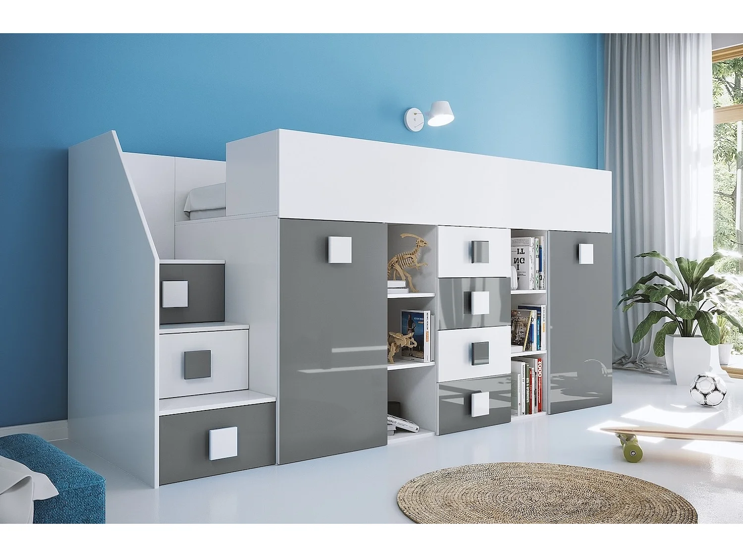 HOCHBETT Toledo Treppe links weiß / grau Hochglanz - Griffe weiß / grau 93 / 248,5 / 123cm