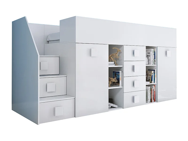 HOCHBETT Toledo Treppe links weiß / weiß Hochglanz - Griffe weiß 93 / 248,5 / 123cm