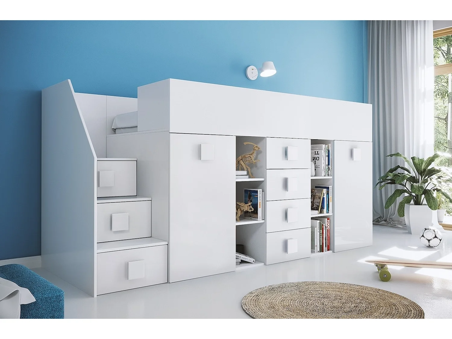 HOCHBETT Toledo Treppe links weiß / weiß Hochglanz - Griffe weiß 93 / 248,5 / 123cm