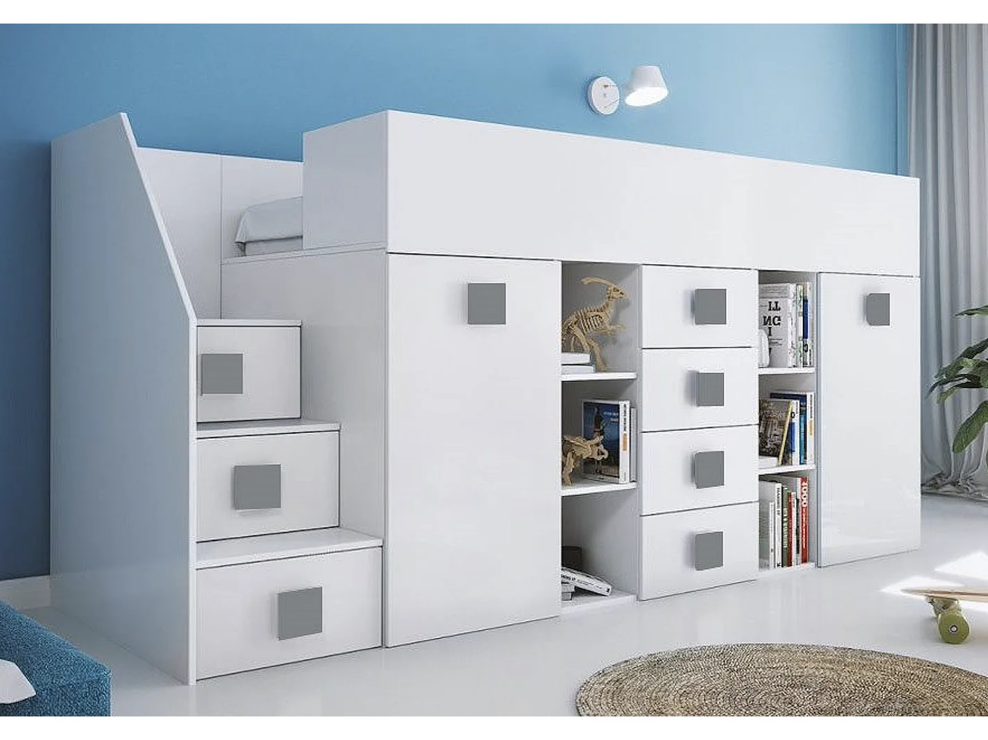 HOCHBETT Toledo Treppe links weiß / weiß Hochglanz - Griffe grau 93 / 248,5 / 123cm