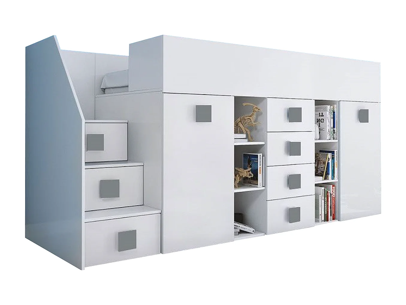 HOCHBETT Toledo Treppe links weiß / weiß Hochglanz - Griffe grau 93 / 248,5 / 123cm