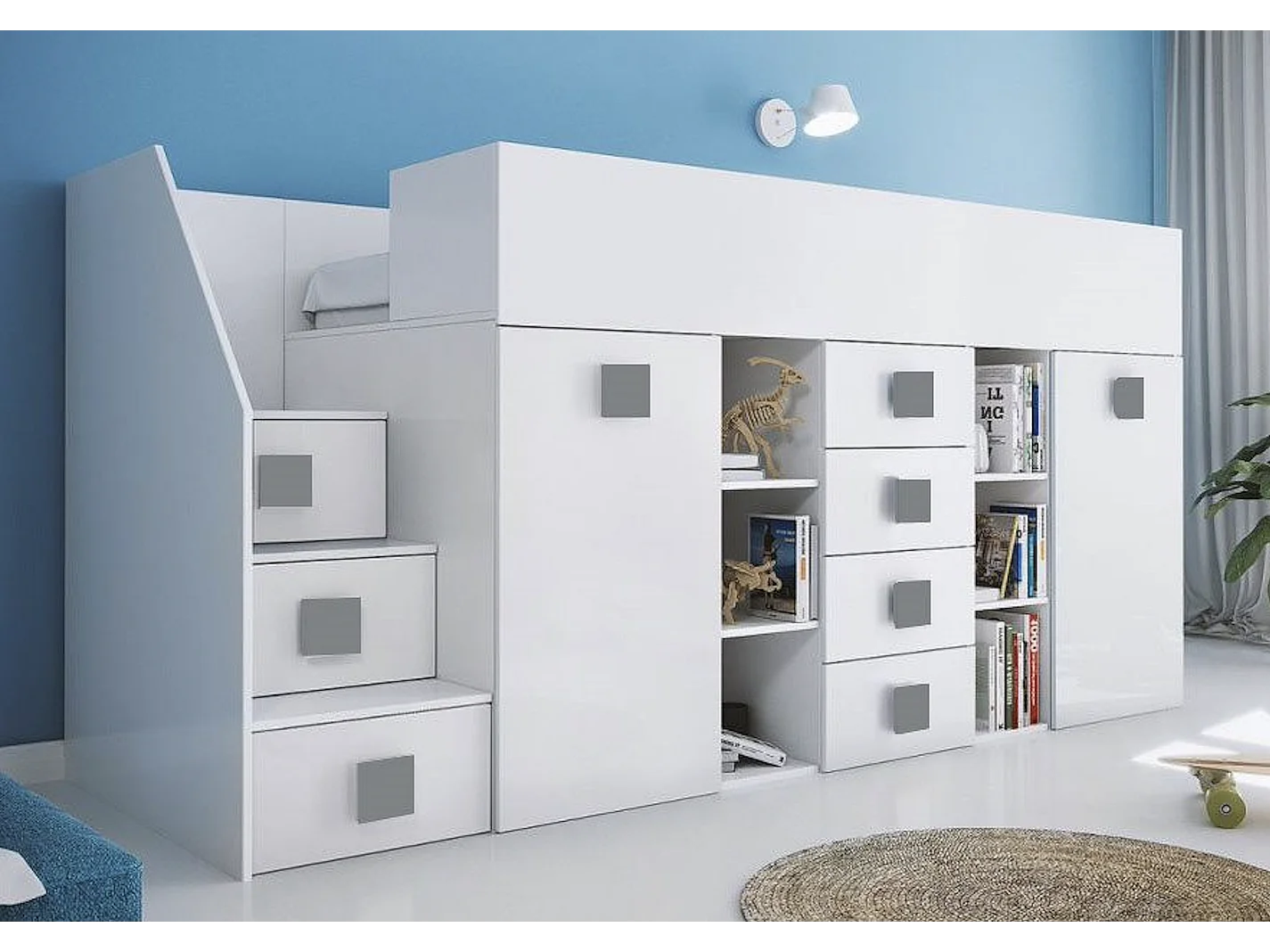 HOCHBETT Toledo Treppe links weiß / weiß Hochglanz - Griffe grau 93 / 248,5 / 123cm