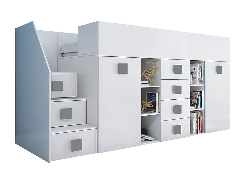 HOCHBETT Toledo Treppe links weiß / weiß Hochglanz - Griffe grau 93 / 248,5 / 123cm