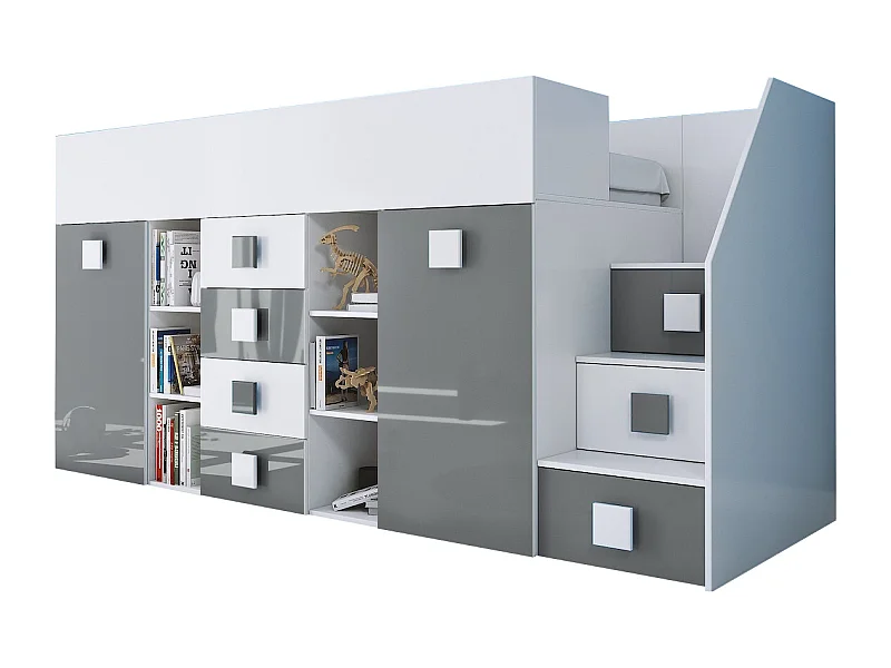 HOCHBETT Toledo Treppe rechts weiß / grau Hochglanz - Griffe weiß / grau 93 / 248,5 / 123cm