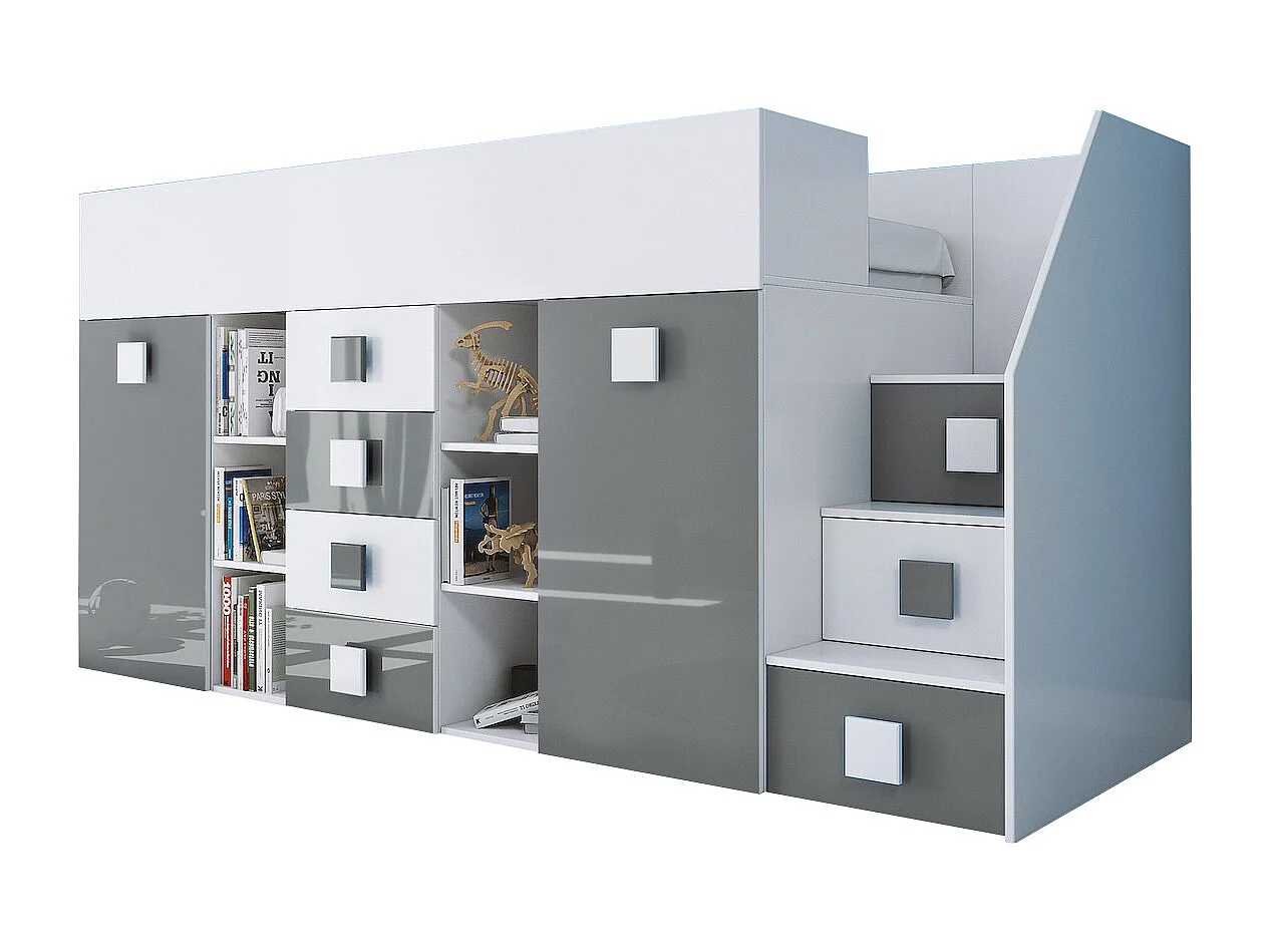 HOCHBETT Toledo Treppe rechts weiß / grau Hochglanz - Griffe weiß / grau 93 / 248,5 / 123cm