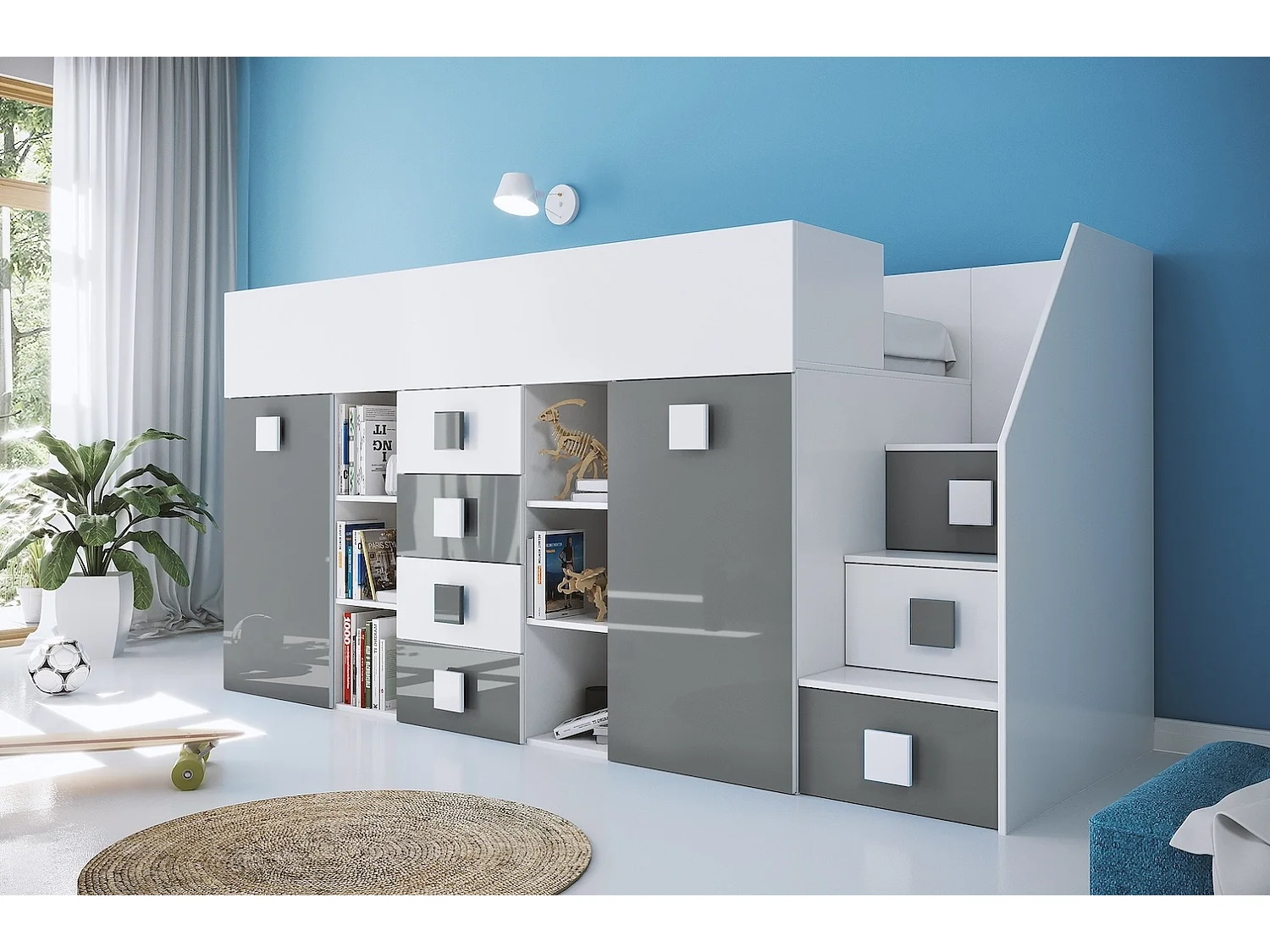 HOCHBETT Toledo Treppe rechts weiß / grau Hochglanz - Griffe weiß / grau 93 / 248,5 / 123cm